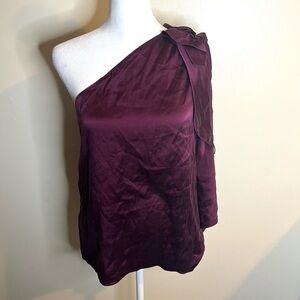 Elie Tahari Wine Color 100% Silk Satin One-Shoulder Blouse